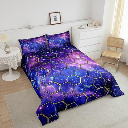 Manfei Blue Galaxy Comforter Set Full Size, Geometric Hexagon Print Bedding Set 3pcs, Purple Starry Sky Honeycomb Down Comforter for All Season, Kids Boys Girls Room Decor, 2 Pillowcases