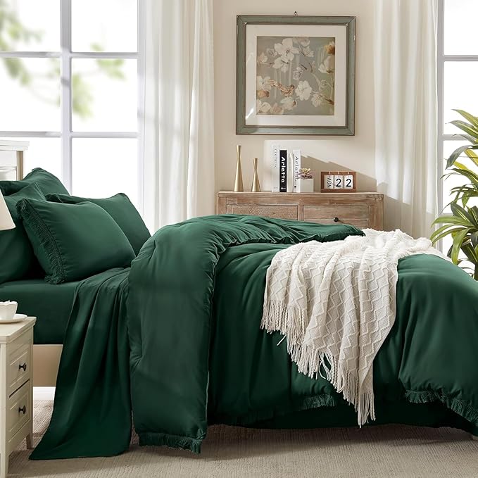 Andency Oversized King Comforter Set Dark Emerald Green 120x98-7 Piece Boho Tassel Bed in a Bag Soft Lightweight Bedding Set, Fringe All Season Bed Set with Comforter, Sheets, Pillowcases & Shams