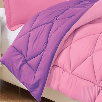 Elegant Comfort Goose Down Alternative -Diamond-Stitched- Quilted 3-Piece Reversible Comforter Set/Duvet Insert Soft, Bedding-Medium Warmth for All Seasons, Full/Queen, Pink/Purple