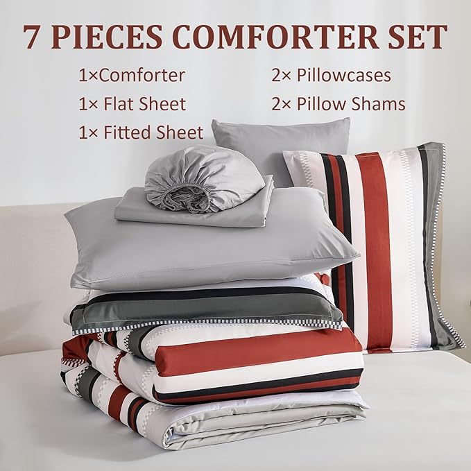 WONGS BEDDING Queen Comforter Set, 7 Pieces Comforter Set Queen, Red Bed in a Bag, Soft Micorfiber Striped Bedding Set with Comforter, Flat Sheet, Fitted Sheet, Pillow Shams, Pillowcase