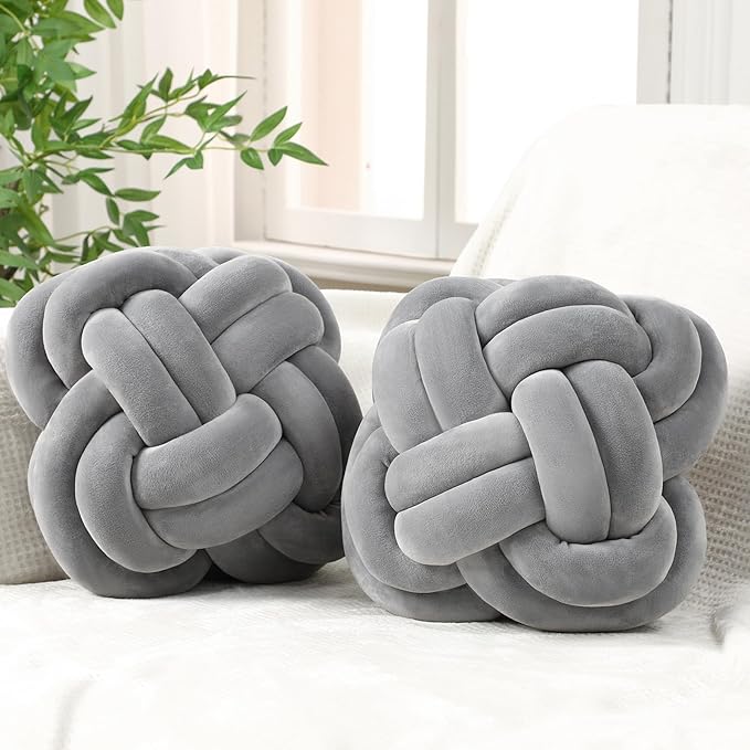 2 Pcs Knot Pillow Balls Set, 12 Inch Soft Decorative Throw Knot Pillow Ball, Large Square Knotted Floor Cushion for Living Room Bedroom Sofa Couch Bed Home Decoration(Light Gray)