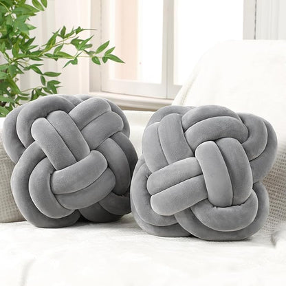 2 Pcs Knot Pillow Balls Set, 12 Inch Soft Decorative Throw Knot Pillow Ball, Large Square Knotted Floor Cushion for Living Room Bedroom Sofa Couch Bed Home Decoration(Light Gray)