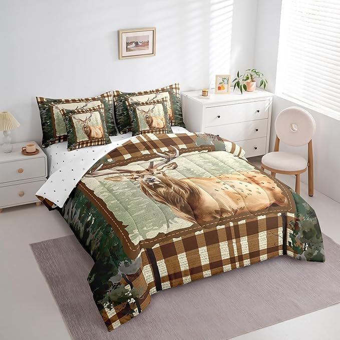 Elk Deer Bed in a Bag King Size Comforter Set 7 Pieces,Woodland Animals Bedding Sets Ombre Camouflage Sheet Set with Comforter
