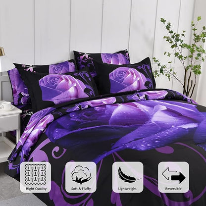 Xruibed Floral Comforter Set King 7 Piece Bed in a Bag Purple Rose Flower Comforter with Sheet Set Soft Micorfiber Bedding Set (1 Comforter,2 Pillow Shams,1 Flat Sheet,1 Fitted Sheet,2 Pillowcases)