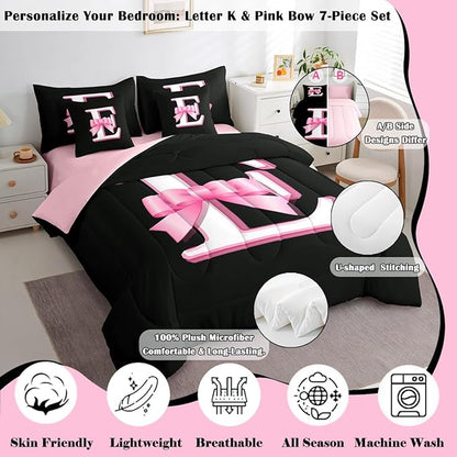jejeloiu Kids Girls Black Pink Bow Comforter Set with Sheets Queen Size Monogrammed 7 Piece Bedding Set Personalized Initial E Bed in a Bag with Comforter,Sheets,Pillowcases Modern Fashion Bed Set