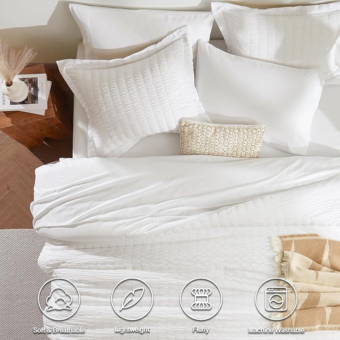 CozyLux Oversized King Comforter Set White Seersucker 7 Pieces 120x98 Bed in a Bag Comforter Set with Sheets, Luxury Soft Bedding Sets with Down Alternative Comforter, Sheets, Pillowcases & Shams