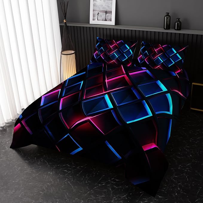Blue Black Geometric Comforter Set Queen Size 3D Stereoscopic Square Bedding Set Honeycomb Bedding Set 3 Piece Modern Style Geometry Decor,Microfiber LightweightWith 2 Pillowcases