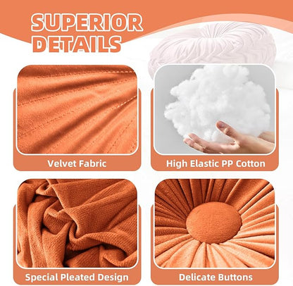 2 Pcs Round Throw Pillows Pleated Velvet Pumpkin Round Pillows Floor Cushion for Living Room Couch Chair Bed Sofa 15.7"x15.7"/13.8" x 13.8" (Orange)
