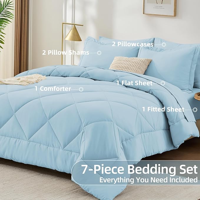 FUANNA 7 Pieces Queen Comforter Set, All Season Bed in a Bag Queen Size, Luxury Soft Bedding Sets with Comforter, Flat Sheet, Fitted Sheet, Pillowcases & Pillow Shams, Light Blue
