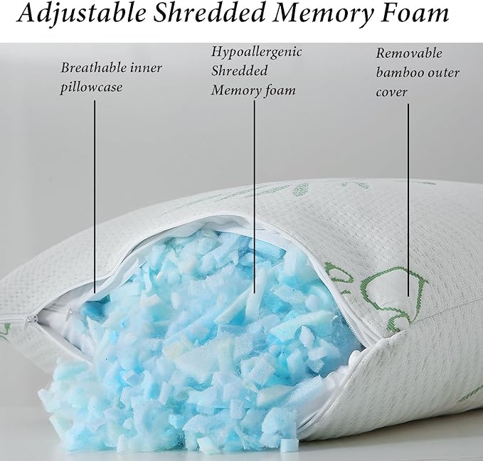 Memory Foam Pillows Queen Size set of 2, Shredded Memory Foam Bed Pillow for Sleeping, Adjustable Fluffy Pillow with Cooling Breathable Cover for All Sleepers, Hotel Quality Rest Pillow Queen 2 Pack