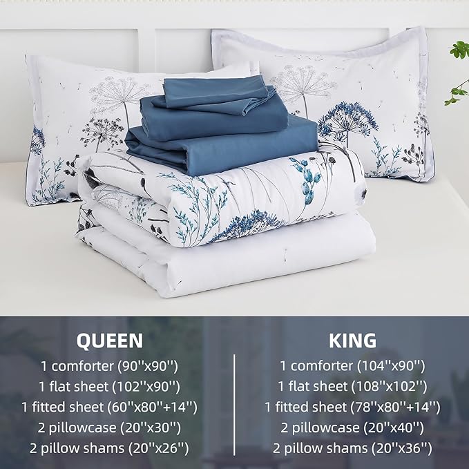 Yiran 7 Piece Blue Dandelion Botanical Comforter Set Queen Size, Floral Plant Comforter Bedding Set, Bed in a Bag Queen, Soft Microfiber Complete Bedding Set with Sheets for All Season