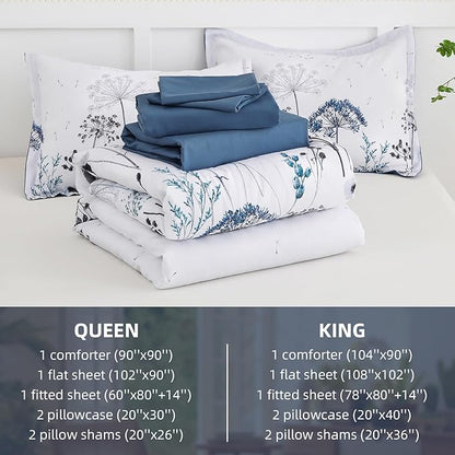 Yiran 7 Piece Blue Dandelion Botanical Comforter Set Queen Size, Floral Plant Comforter Bedding Set, Bed in a Bag Queen, Soft Microfiber Complete Bedding Set with Sheets for All Season