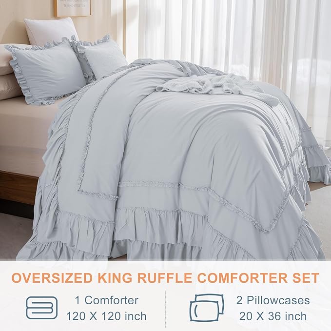 QSH Oversized King Comforter 120x120,3PCs Light Blue Farmhouse Ruffle Bedding Comforter Shabby Boho Chic Ruffled California King Comforter Soft Microfiber Lightweight Fluffy Bed with Pillowcases