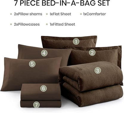 Monbix Queen Comforter Set - 7 Pieces Cationic Dyeing Chocolate Brown Bed in a Bag Queen Bedding Sets with Comforter, Sheets, Pillowcases & Shams, Reversible Bedding Comforters Sets