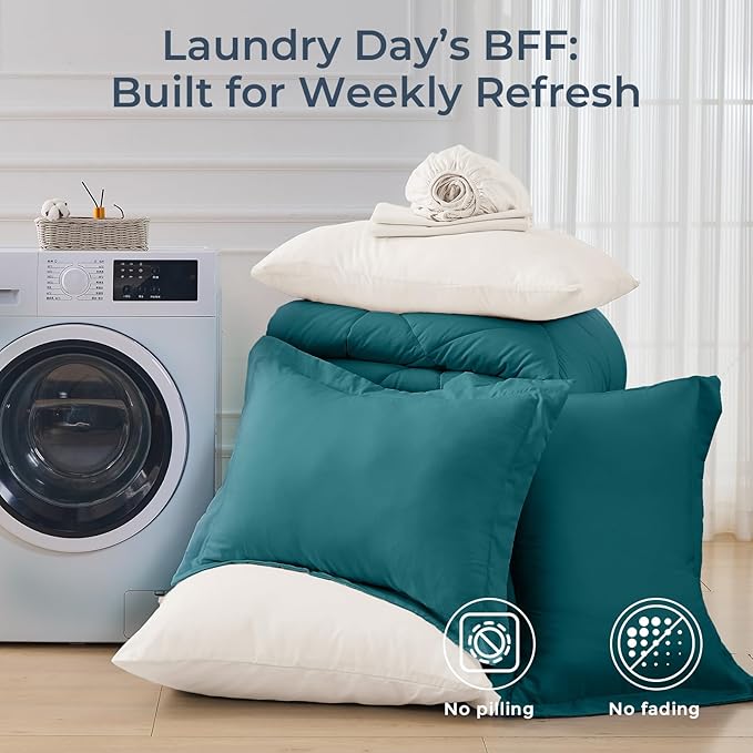 HEVUMYI King Comforter Set - 7-Piece All Season Bed in a Bag King, Ultra Soft Bedding Set with Comforter, Flat Sheet, Fitted Sheet, Pillowcases, Pillow Shams, Peacock Blue & Ivory