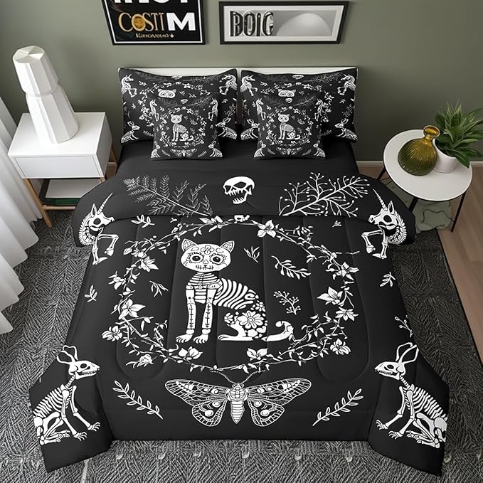 Cartoon Cat Comforter Sets in a Bag 7 Pcs,Gothic Moth Butterfly Boho Flowers Bedding Set,Exotic Animals Skull Double-Sided Print Bed Sets in a Bag with Comforter,Sheets and Pillow Cases,Twin