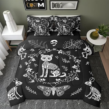 Cartoon Cat Comforter Sets in a Bag 7 Pcs,Gothic Moth Butterfly Boho Flowers Bedding Set,Exotic Animals Skull Double-Sided Print Bed Sets in a Bag with Comforter,Sheets and Pillow Cases,Twin