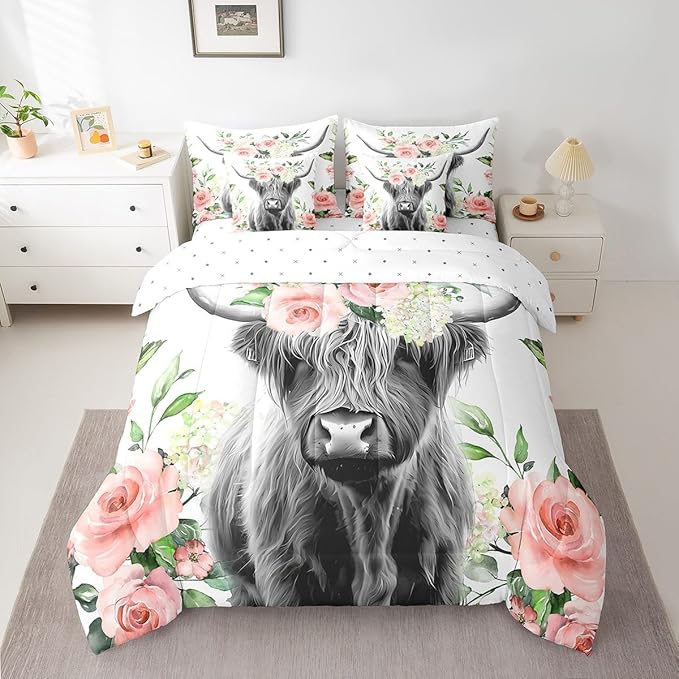 Feelyou Highland Cow Bed in a Bag Kids Rose Floral Bull Cattle Bedding Set Girls Western Comforter Set Twin Size 7 Pieces Farmhouse Bed Set with Comforter, Sheet Set, Pillowcases, Pillow Covers
