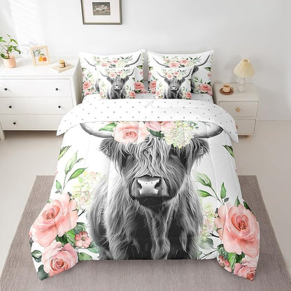 Feelyou Highland Cow Bed in a Bag Kids Rose Floral Bull Cattle Bedding Set Girls Western Comforter Set Twin Size 7 Pieces Farmhouse Bed Set with Comforter, Sheet Set, Pillowcases, Pillow Covers