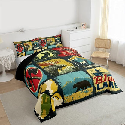 Hunting Bear Comforter Set, Rustic Farmhouse Bedding Sets for Kids Teens Adult Cabin Lodge Decor, Vintage Woodland Wildlife Moose Down Comforter, Retro Buffalo Plaid Quilted Duvet, Yellow Red, Twin