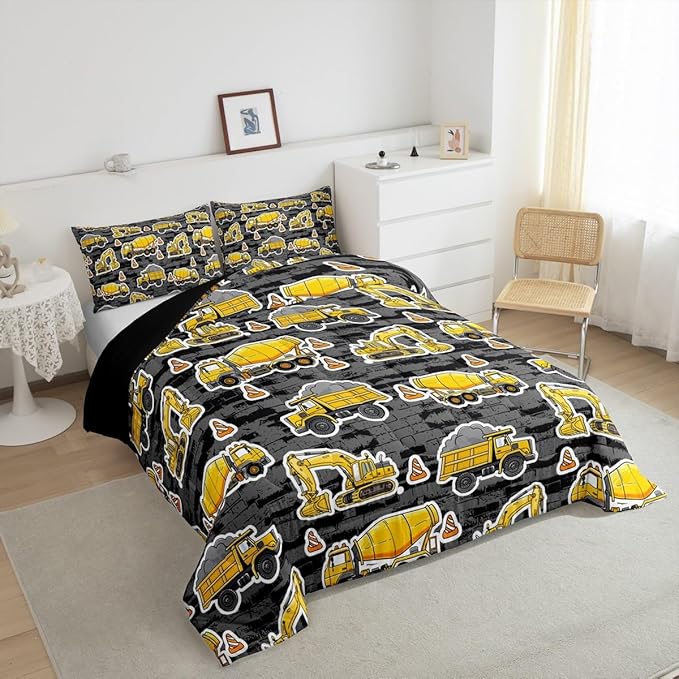Erosebridal Excavator Comforter Set King Concrete Truck Pattern Bedding Set Child Teens Construction Down Comforter for Kids Boys Cartoon Toy Cars Quilt Set Bedroom Decor, Grey