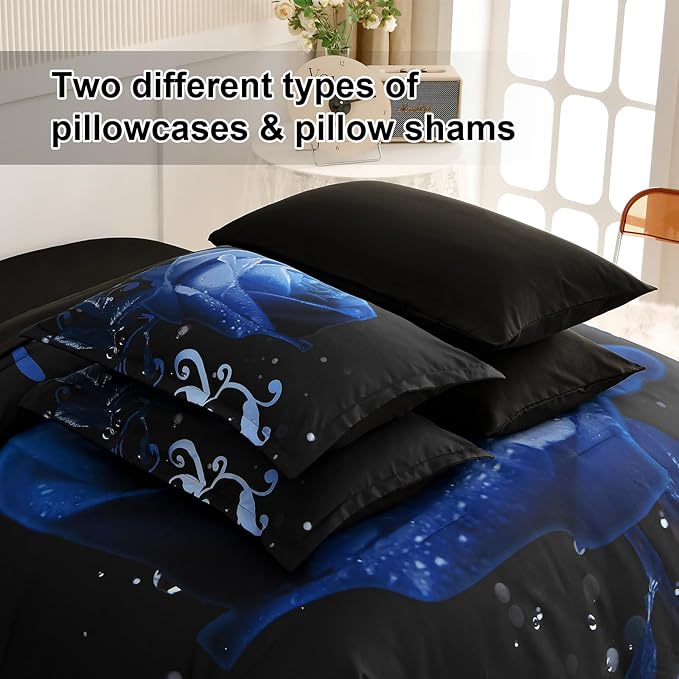 Xruibed Floral Comforter King Blue Bed in a Bag Rose Water Droplets Design 7PCs Comforter Set Soft Micorfiber Bedding Set (1 Comforter,2 Pillow Shams,1 Flat Sheet,1 Fitted Sheet,2 Pillowcases)