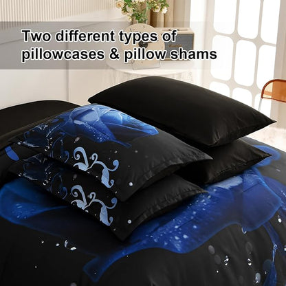 Xruibed Floral Comforter King Blue Bed in a Bag Rose Water Droplets Design 7PCs Comforter Set Soft Micorfiber Bedding Set (1 Comforter,2 Pillow Shams,1 Flat Sheet,1 Fitted Sheet,2 Pillowcases)