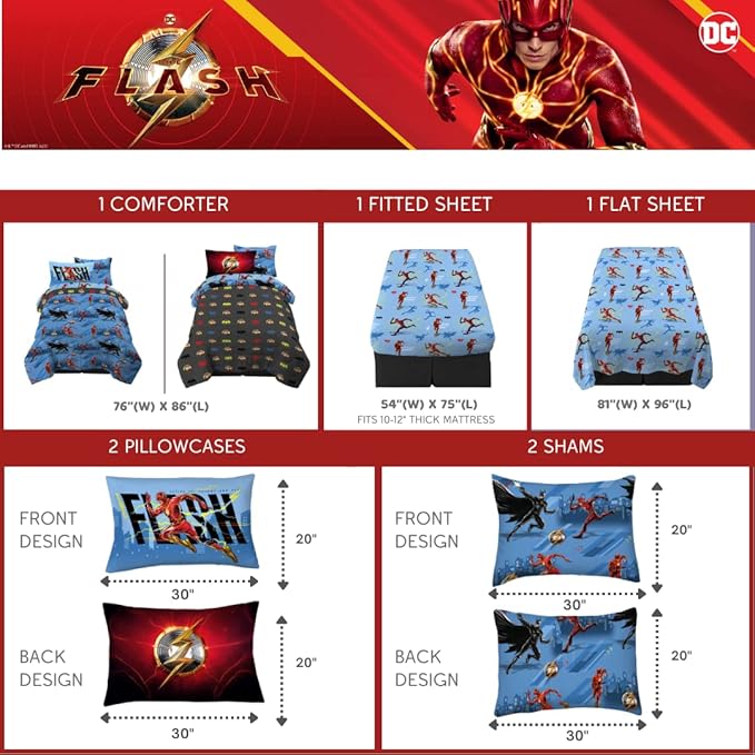 WB The Flash Movie DC Comics Super Soft Comforter and Sheet Set with Sham,7 Piece Full Size, (Official Licensed Product) by Franco