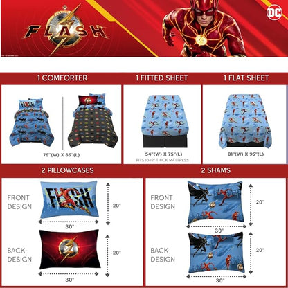 WB The Flash Movie DC Comics Super Soft Comforter and Sheet Set with Sham,7 Piece Full Size, (Official Licensed Product) by Franco