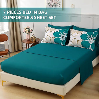 Anibedding 7Pieces Teal Grey Floral Comforter Set King Size, Soft Microfiber Grey Blue Bed in a Bag Comforter Set with Sheets for All Season