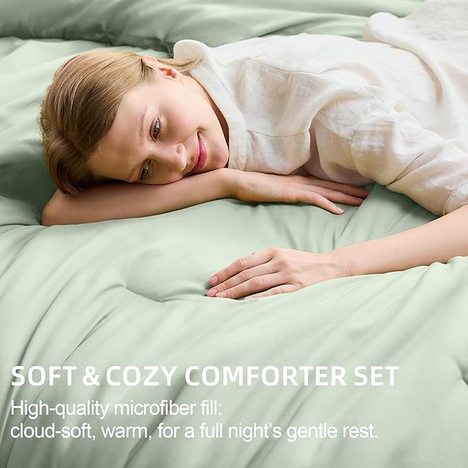 FUANNA Queen Comforter Set Sage Green, 7 Pieces Soft Bedding Sets Queen Size, All Season Lightweight Bed in a Bag with Comforter, Flat Sheet, Fitted Sheet, Pillowcases & Shams
