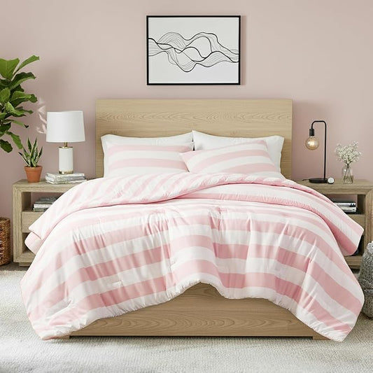 Reversible Striped King Comforter Set, Soft Microfiber Bedding Set with Double-Sided Stripes Design, Warm & Cozy for All-Seasons, 3-Piece Comforter and Shams Set King Size, Blush