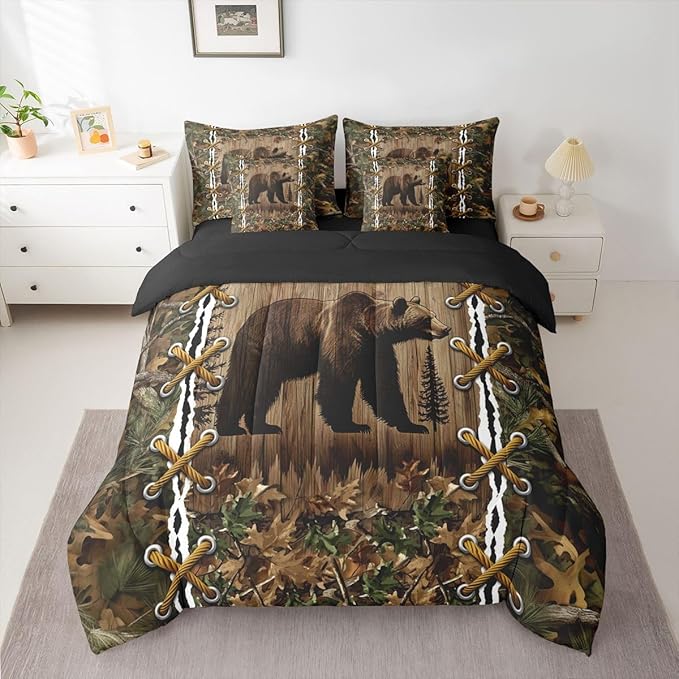 Erosebridal Cabin Queen Comforter Set with Sheets | Wild Bear Grizzly 7-Piece Bedding Set Mens Camouflage Bed in a Bag, Woodland Hunting Animals Bed Sets,Camo Rustic Farmhouse Decor Camo Bed Set