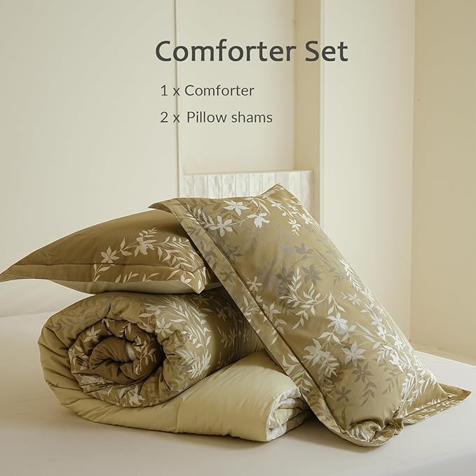 King Size Gradient Cotton Comforter Set, 3Pcs Flower Print Botanical Duvet for All Seasons, Luxury Warmth Breathable Bedding Set with 1 Lightweight Comforter and 2 Pillow Shams