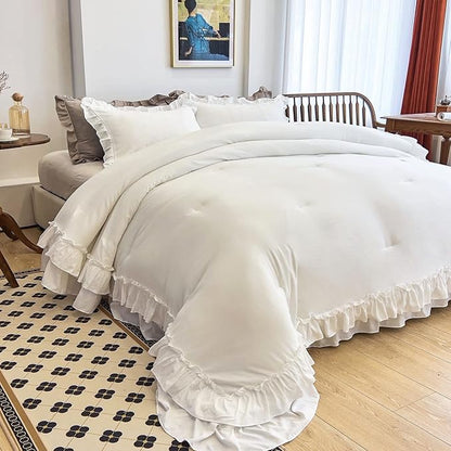 AIKASY White Comforters Twin Size Set, Vintage Boho Chic Farmhouse Bedding Sets Shabby Ruffle Queen Bed Comforter Bedding 3PCS（1 Comforter and 2 Pillowcases）