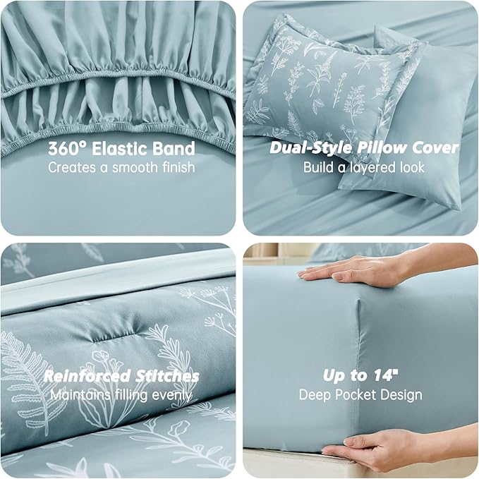 MUXHOMO Mineral Blue Bed in a Bag King 7 Pieces, King Comforter Set Reversible Botanical Flowers Design, Ultra Soft & Breathable Bedding Sets with Comforter, Sheets, Pillowcases & Shams