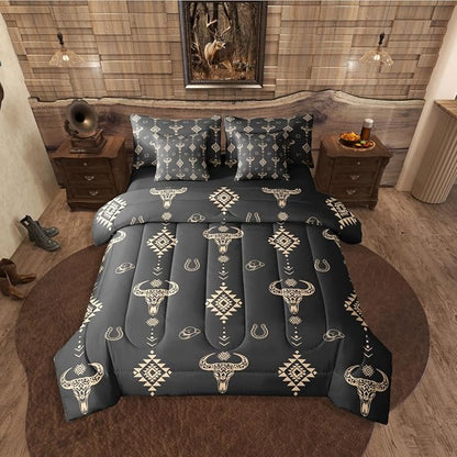 Erosebridal Aztec 7 Piece Bedding Set King Bull Skull Comforter Set with Sheets Western Arrow Cowboy Hat Dot Black Bed in a Bag Southwest Horseshoe Geometric for Teens Men Women