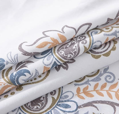 SLEEPBELLA Comforter Twin Size, 600 Thread Count Cotton Yellow & Blue Damask with Taupe Brown Reversible Pattern White Comforter Sets,Down Alternative Bedding Set 2Pcs (Twin, White Damask)