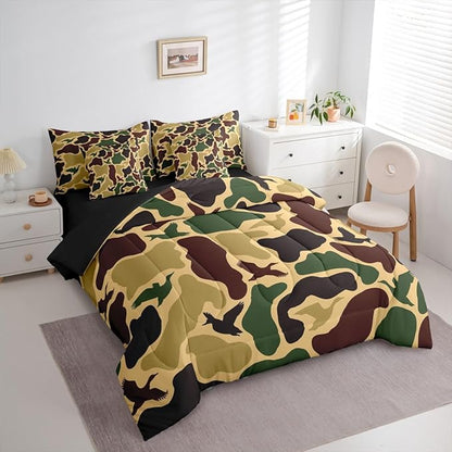 Erosebridal Camouflage Military 7 Piece Bedding Set Queen Duck Hunting Comforter Set with Sheets Farmhouse Woodland Bed in a Bag Camo Huner Bed Sets Comforter