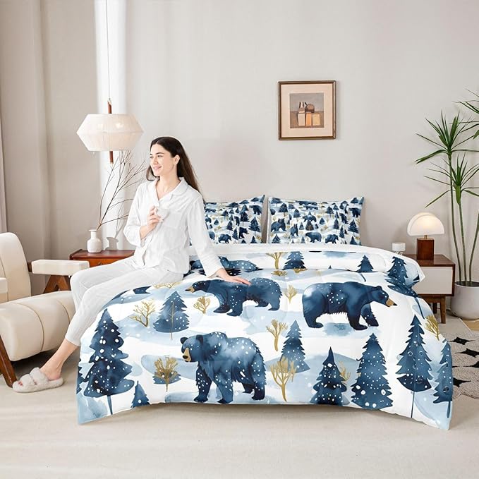 Erosebridal Rustic Bear Bed in A Bag Queen | Jungle Hunting Farmhouse Wildlife 7 Piece Comforter Set Wild Animals Sheet Set Winter Snowflakes Pine Trees Fitted Sheet Breathable Lightweight