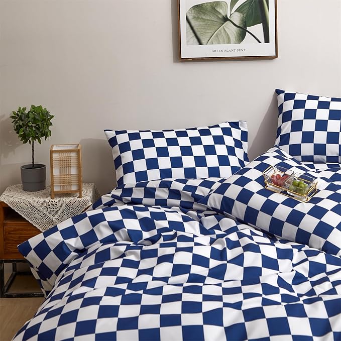 CLOTHKNOW Blue White Plaid Twin/Twin XL Comforter Set 3Pcs Grid Bedding Comforter Sets Royal Blue White Bed Comforter Blue Bedding Sets Soft