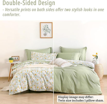 Floral Cotton Comforter Twin Size 2Pcs - Yellow and Blue Tiny Flowers & Little Lambs on White, Sage Green Back, Reversible Lightweight Bedding Sets with Soft Fill(1 Comfoter, 1 Pillowcase)