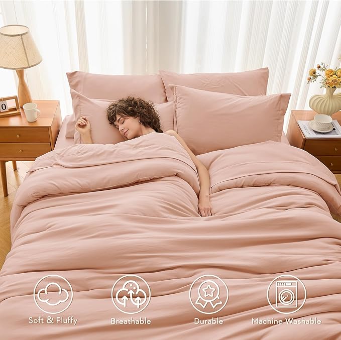 MUXHOMO 5 Pieces Twin Comforter Set, Soft Bed in a Bag Twin Size, All Season Bedding Set with Comforter, Flat Sheet, Fitted Sheet, Pillowcases & Shams, Rose Gold
