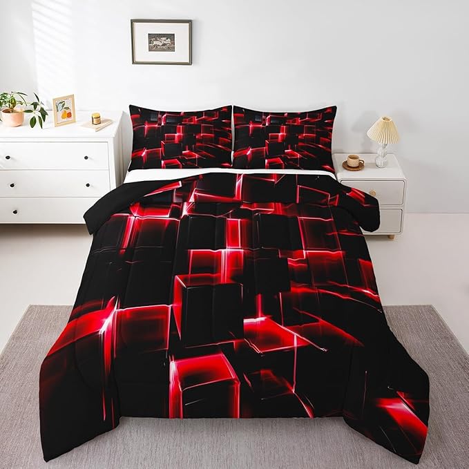 Erosebridal Red and Black Geometric Comforter Set Twin Size Modern 3D Stereoscopic Square Bedding Sets, Gradient Neon Honeycomb Duvet Set 2 Pieces Soft Microfiber Quilt for All Season