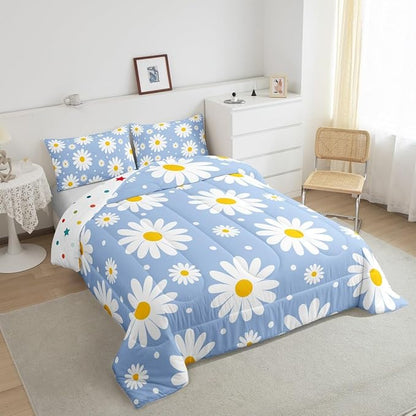 Erosebridal Blue Daisy Full Bedding Set for Girls,Cute Cartoon Flower Comforter Set Rustic Daisy Floral Comforter Watercolor Flowers Duvet Insert for Kids Teen Adults Room Decor