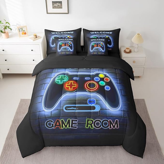 jejeloiu Blue Gamer Gaming 7 Piece Bedding Set Full Size for Boys Game Console Comforter Set with Sheets Kids Teens Neon Light Bed in a Bag Cool Game Room Decor Bed Set