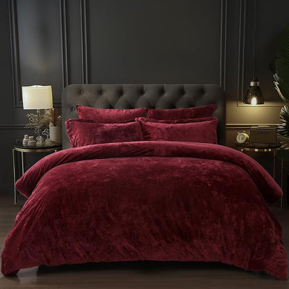 PHF Crushed Velvet Comforter Set King Size, 5-Piece Luxury Winter Bedding Sets with 2 Euro Shams, Heavyweight Warm Fluffy Velvet Bed Spread, Glam Home Decor, Wine Red/Burgundy