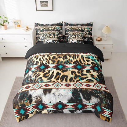 Erosebridal Aztec Full Comforter Set 7 Pieces Leopard Print Bed in A Bag for Bedroom Cowhide Exotic Fur Ink Splash Ethnic Bedding Set with Comforters, Sheets, Pillowcases Beige Green Room Decor