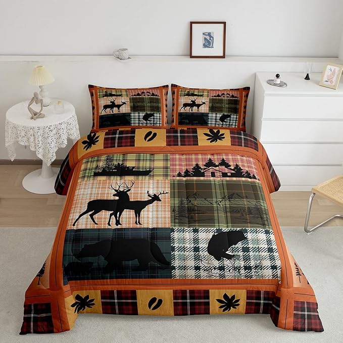 Buffalo Plaid Check Bedding Sets Cabin Camping Decor Bear Elk Deer Comforter For Kids Teens Pink Orange Blue Patchwork Duvet Insert Pike Fish Fishing Quilt Fall Leaves Down Comforter Twin 2Pcs