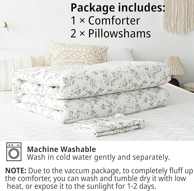 Botanical Cotton Comforter Queen Size - Tender Green Comforter Printed with Leafy Branches & Purple Stamens on Off-White,Reversible Lightweight Bedding Sets 3Pcs